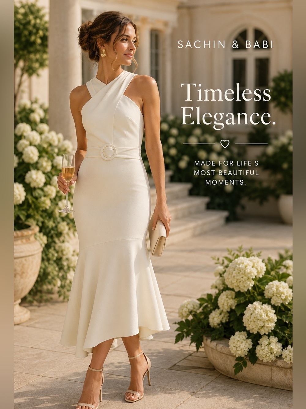 $495 Sachin & Babi Ivory Midi Dress | Quiet Luxury | Halter Asymmetrical Midi